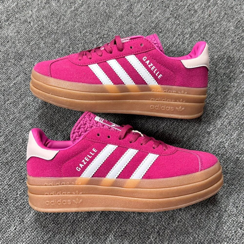 adidas Gazelle Platform Sneakers in Hot Pink and White with Gum Sole